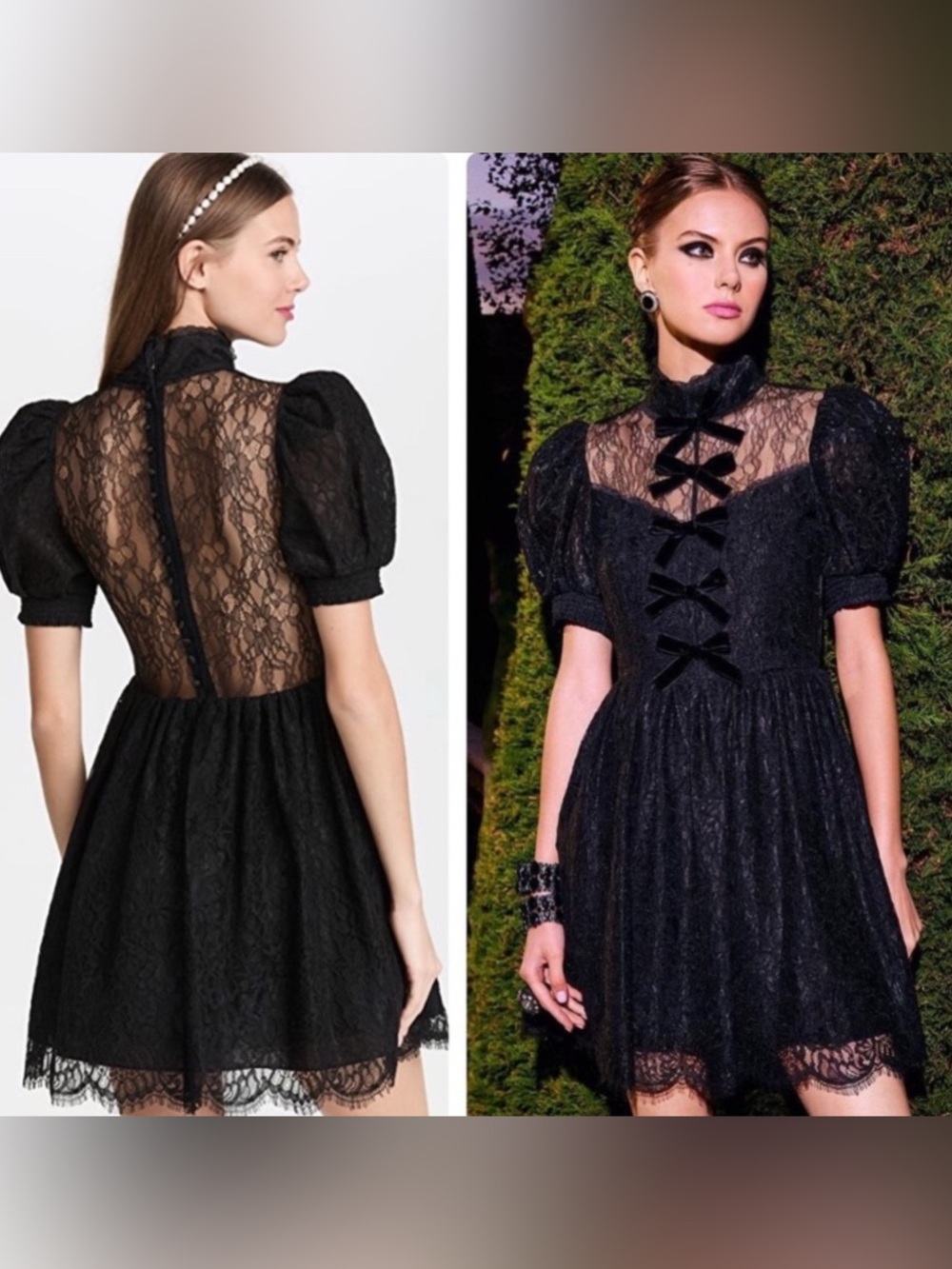 W/ Tags Alice + Olivia Vernita Lace Puff Sleeve Velvet Bow Buttons Down Dress 2